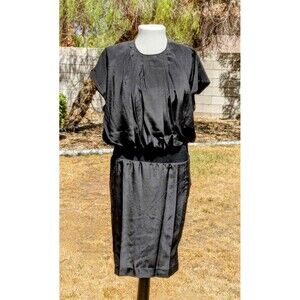 Axiom 1980s Vintage Silk Petite Sz 8 Black Stretch Waist Blouson Midi Dress EUC